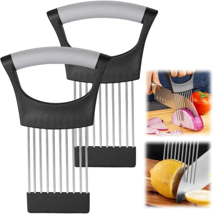 Onion Slice Holder, 2024 New Stainless Steel Holder for Slicing, Chopper Assistant Tool, Cutter for Meat, Onion, Potato, Tomato Kitchen Gadgets (Black)