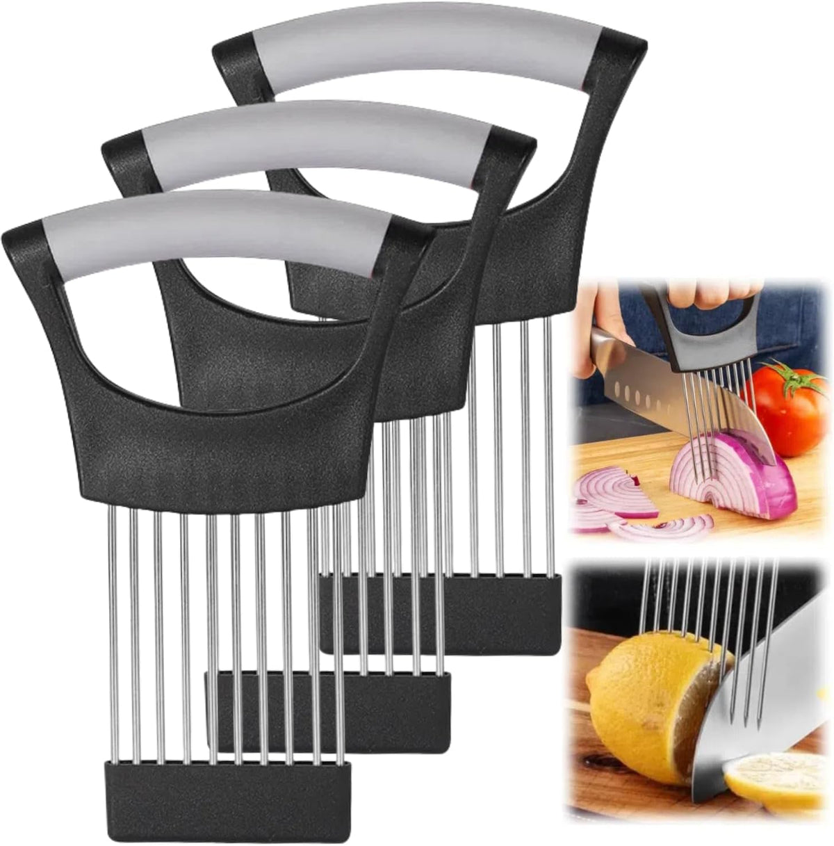 Onion Slice Holder, 2024 New Stainless Steel Holder for Slicing, Chopper Assistant Tool, Cutter for Meat, Onion, Potato, Tomato Kitchen Gadgets (Black)