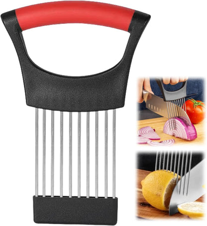 Onion Slice Holder, 2024 New Stainless Steel Holder for Slicing, Chopper Assistant Tool, Cutter for Meat, Onion, Potato, Tomato Kitchen Gadgets (Black)