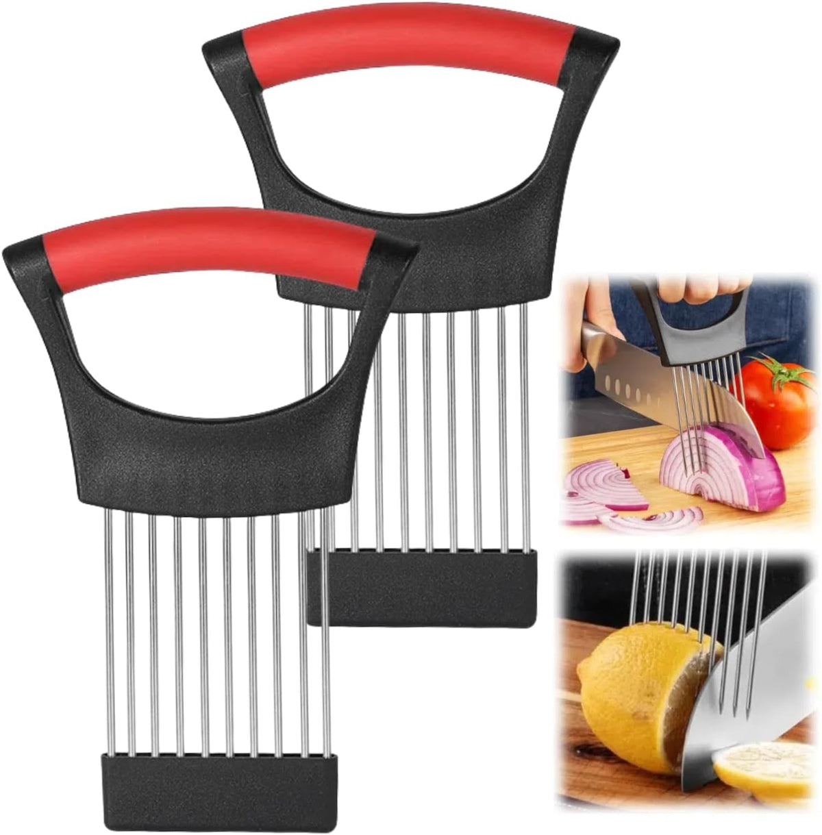 Onion Slice Holder, 2024 New Stainless Steel Holder for Slicing, Chopper Assistant Tool, Cutter for Meat, Onion, Potato, Tomato Kitchen Gadgets (Black)