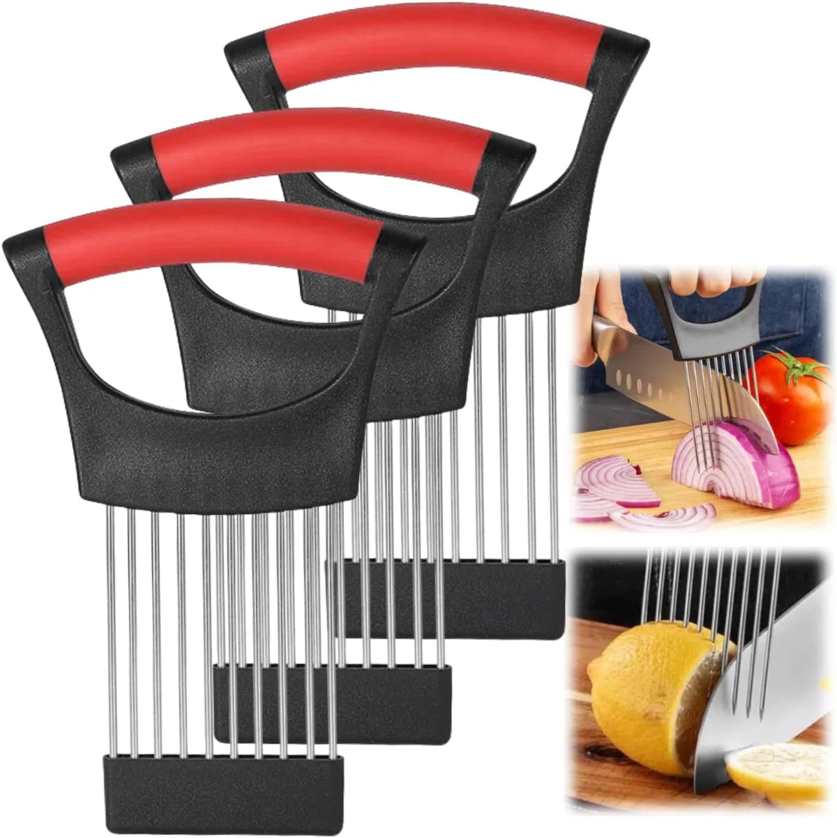 Onion Slice Holder, 2024 New Stainless Steel Holder for Slicing, Chopper Assistant Tool, Cutter for Meat, Onion, Potato, Tomato Kitchen Gadgets (Black)