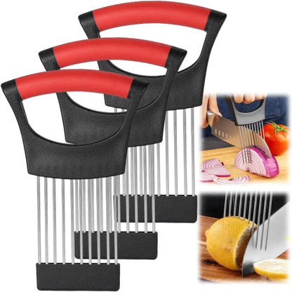 Onion Slice Holder, 2024 New Stainless Steel Holder for Slicing, Chopper Assistant Tool, Cutter for Meat, Onion, Potato, Tomato Kitchen Gadgets (Black)