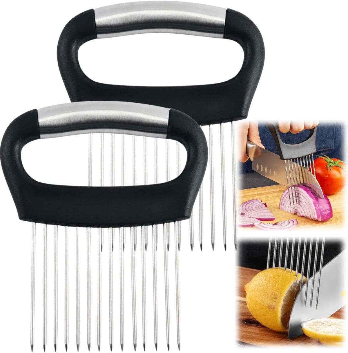 Onion Slice Holder, 2024 New Stainless Steel Holder for Slicing, Chopper Assistant Tool, Cutter for Meat, Onion, Potato, Tomato Kitchen Gadgets (Black)