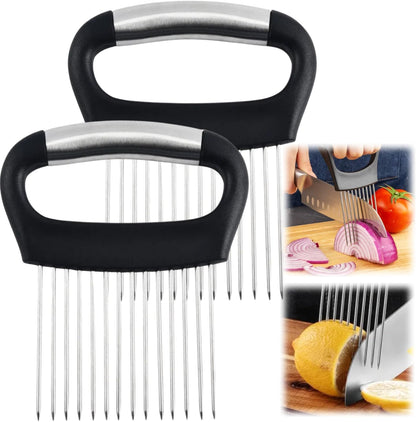 Onion Slice Holder, 2024 New Stainless Steel Holder for Slicing, Chopper Assistant Tool, Cutter for Meat, Onion, Potato, Tomato Kitchen Gadgets (Black)