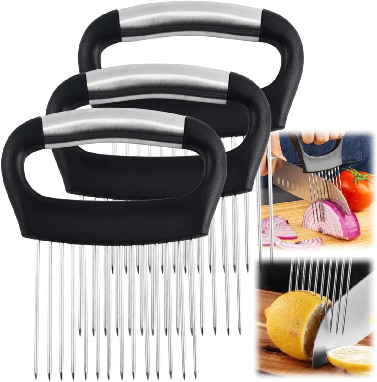Onion Slice Holder, 2024 New Stainless Steel Holder for Slicing, Chopper Assistant Tool, Cutter for Meat, Onion, Potato, Tomato Kitchen Gadgets (Black)