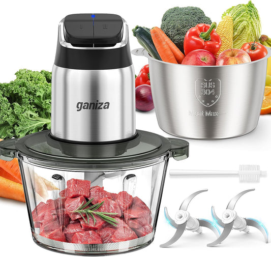 Food Processor with Dual Bowls, 2-Speed Food Chopper & Meat Grinder | 8Cup Stainless & 8Cup Glass Bowls, Upgraded Button & Smart Overheat Protection Light - Includes Clean Brush, 2 Sets of Blades