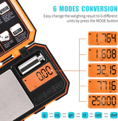 Digital Pocket Scale, 500g x 0.01g Gram Scale, Mini Scale 6 Units Jewelry Scale with LCD Display, Tare Function for Food, Jewelry, Coin, Coffee