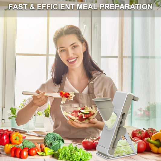 Safe Mandoline Slicer for Kitchen, Vegetable Slicer with Container, French Fry Cutter, All in 1 Julienne Slicer for Potato, Thickness Adjustable, Detachable Blade (White Light Gray)