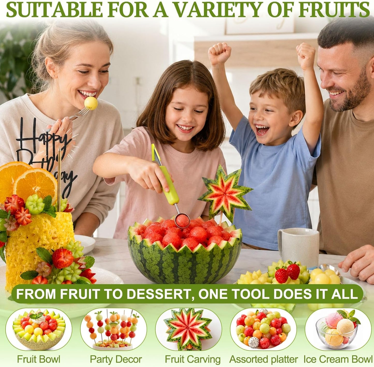 Suuker 4 in 1 Melon Baller Scoop Set, Green | Stainless Steel, Fruit Cutters Shapes, Watermelon Scooper and Baller, Fruit Carving Tools
