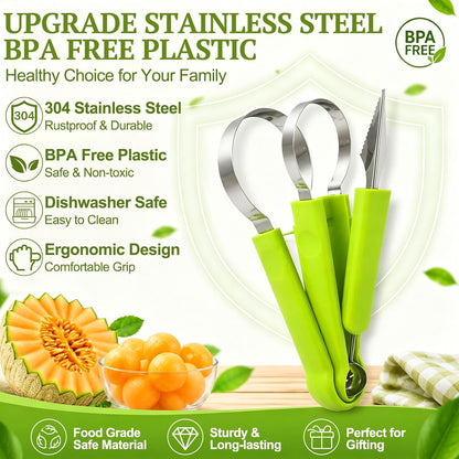 Suuker 4 in 1 Melon Baller Scoop Set, Green | Stainless Steel, Fruit Cutters Shapes, Watermelon Scooper and Baller, Fruit Carving Tools