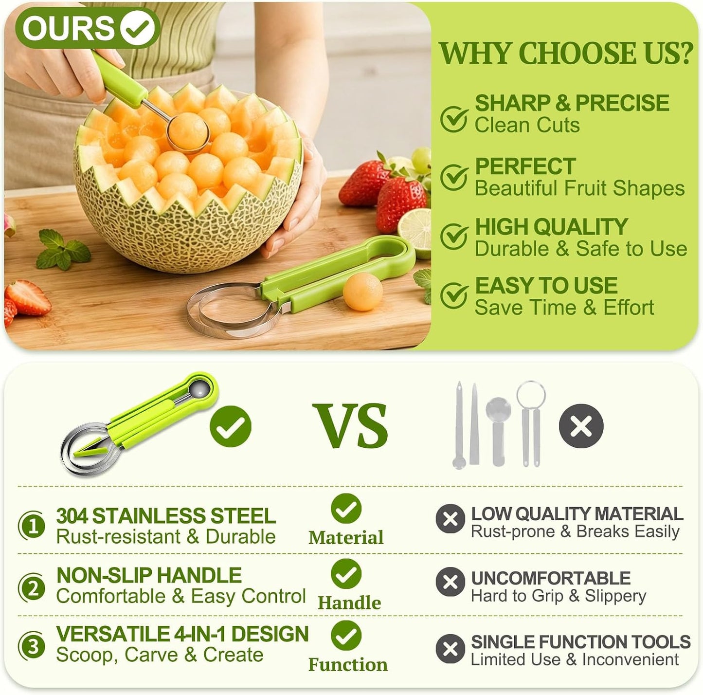 Suuker 4 in 1 Melon Baller Scoop Set, Green | Stainless Steel, Fruit Cutters Shapes, Watermelon Scooper and Baller, Fruit Carving Tools