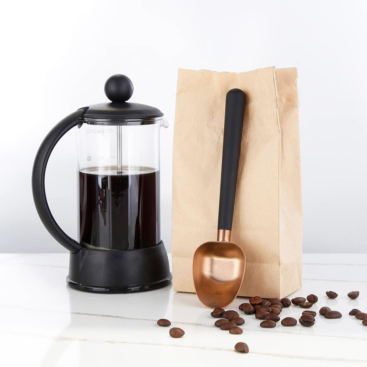 Stainless Steel Long Hollow Handle Coffee Scoop,7g Measuring Spoon for Ground Coffee and Loose Leaf Tea, Rose Gold-Black