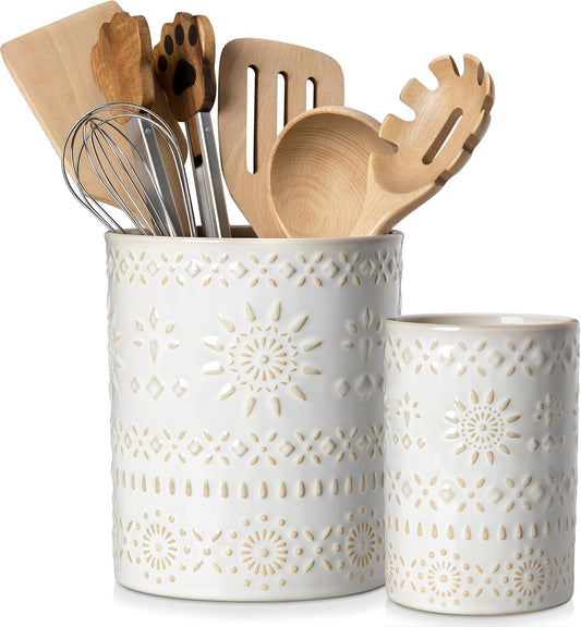 Ceramic Utensil Holder Set of 2, 7.2'' & 5.4'' Kitchen Crocks | Ceramic Utensil Crock, Countertop Storage, Set of 2, Farmhouse Style, Kitchen Decor, Vase-like Design, Housewarming Gift Use