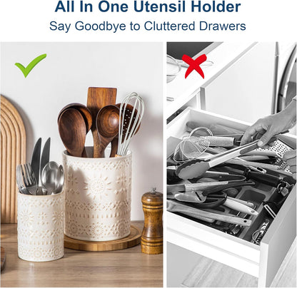 Ceramic Utensil Holder Set of 2, 7.2'' & 5.4'' Kitchen Crocks | Ceramic Utensil Crock, Countertop Storage, Set of 2, Farmhouse Style, Kitchen Decor, Vase-like Design, Housewarming Gift Use
