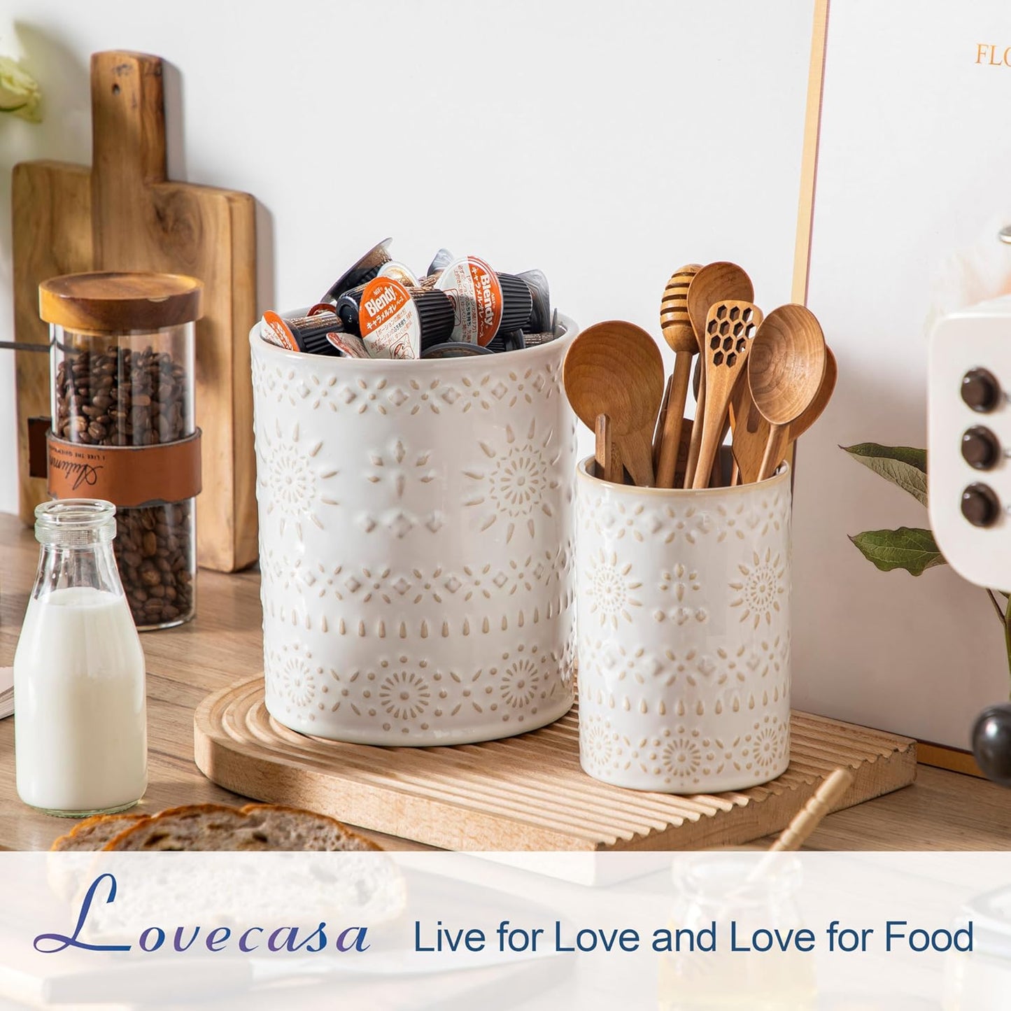 Ceramic Utensil Holder Set of 2, 7.2'' & 5.4'' Kitchen Crocks | Ceramic Utensil Crock, Countertop Storage, Set of 2, Farmhouse Style, Kitchen Decor, Vase-like Design, Housewarming Gift Use