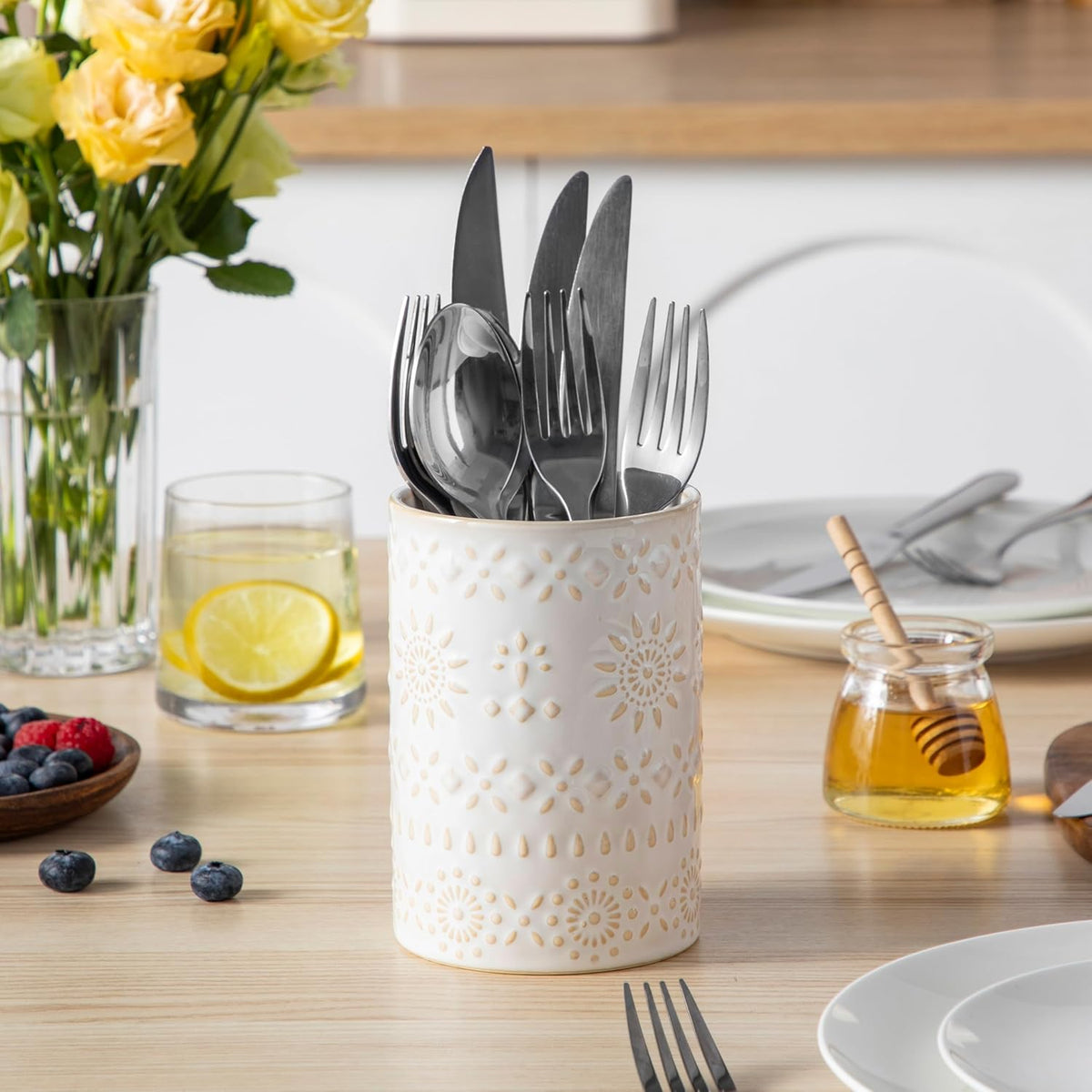 Ceramic Utensil Holder Set of 2, 7.2'' & 5.4'' Kitchen Crocks | Ceramic Utensil Crock, Countertop Storage, Set of 2, Farmhouse Style, Kitchen Decor, Vase-like Design, Housewarming Gift Use