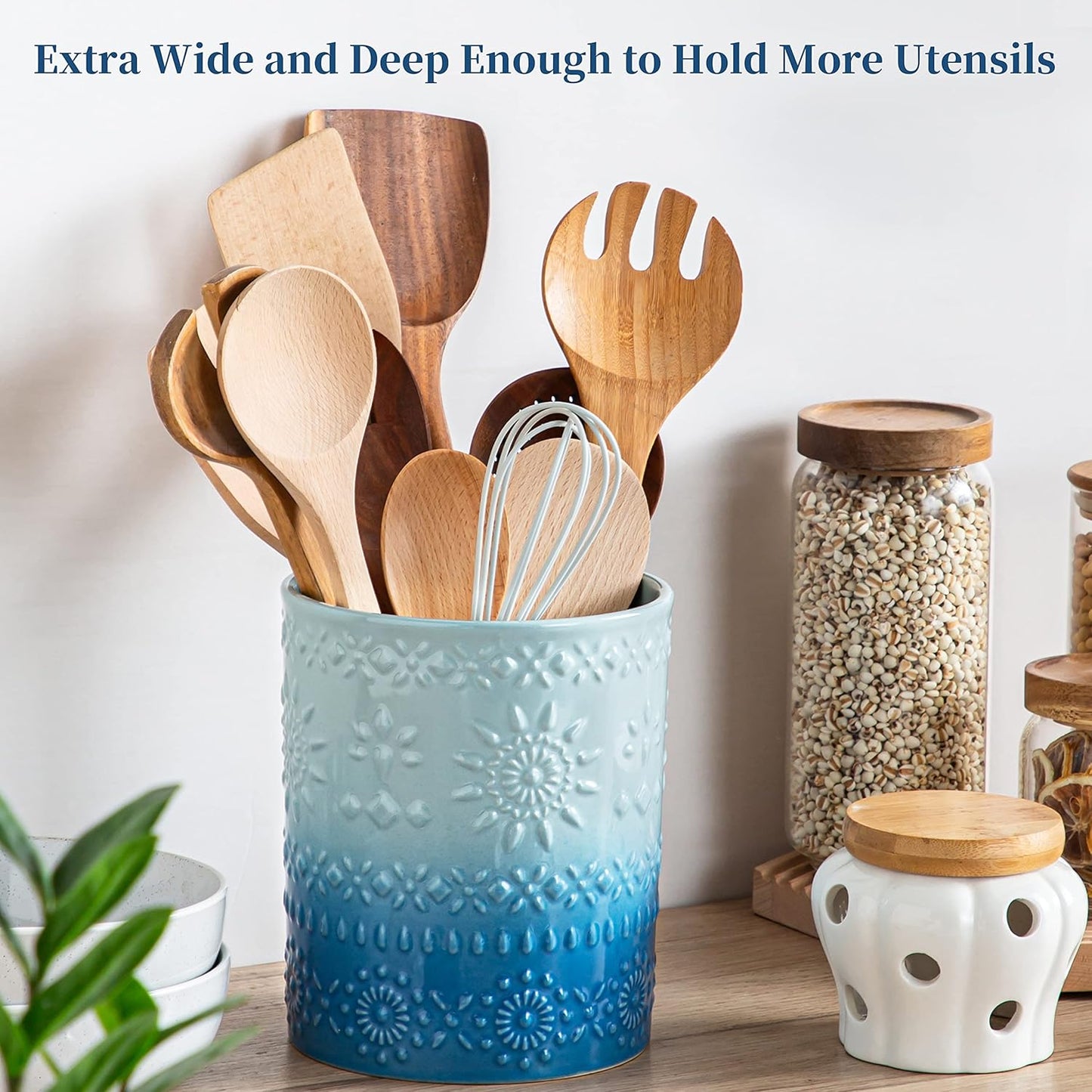 Ceramic Utensil Holder Set of 2, 7.2'' & 5.4'' Kitchen Crocks | Ceramic Utensil Crock, Countertop Storage, Set of 2, Farmhouse Style, Kitchen Decor, Vase-like Design, Housewarming Gift Use