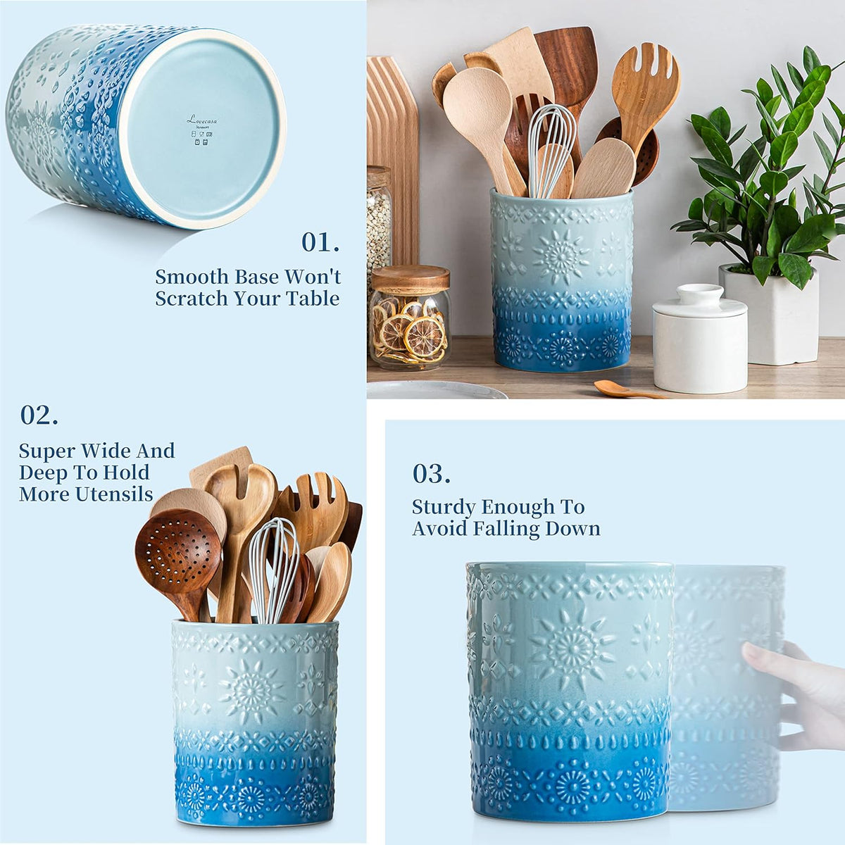 Ceramic Utensil Holder Set of 2, 7.2'' & 5.4'' Kitchen Crocks | Ceramic Utensil Crock, Countertop Storage, Set of 2, Farmhouse Style, Kitchen Decor, Vase-like Design, Housewarming Gift Use
