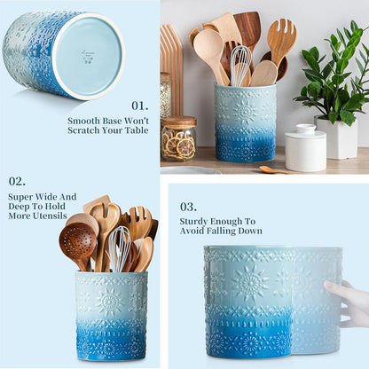 Ceramic Utensil Holder Set of 2, 7.2'' & 5.4'' Kitchen Crocks | Ceramic Utensil Crock, Countertop Storage, Set of 2, Farmhouse Style, Kitchen Decor, Vase-like Design, Housewarming Gift Use