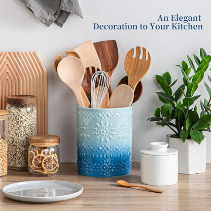 Ceramic Utensil Holder Set of 2, 7.2'' & 5.4'' Kitchen Crocks | Ceramic Utensil Crock, Countertop Storage, Set of 2, Farmhouse Style, Kitchen Decor, Vase-like Design, Housewarming Gift Use