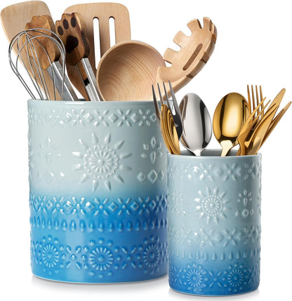 Ceramic Utensil Holder Set of 2, 7.2'' & 5.4'' Kitchen Crocks | Ceramic Utensil Crock, Countertop Storage, Set of 2, Farmhouse Style, Kitchen Decor, Vase-like Design, Housewarming Gift Use