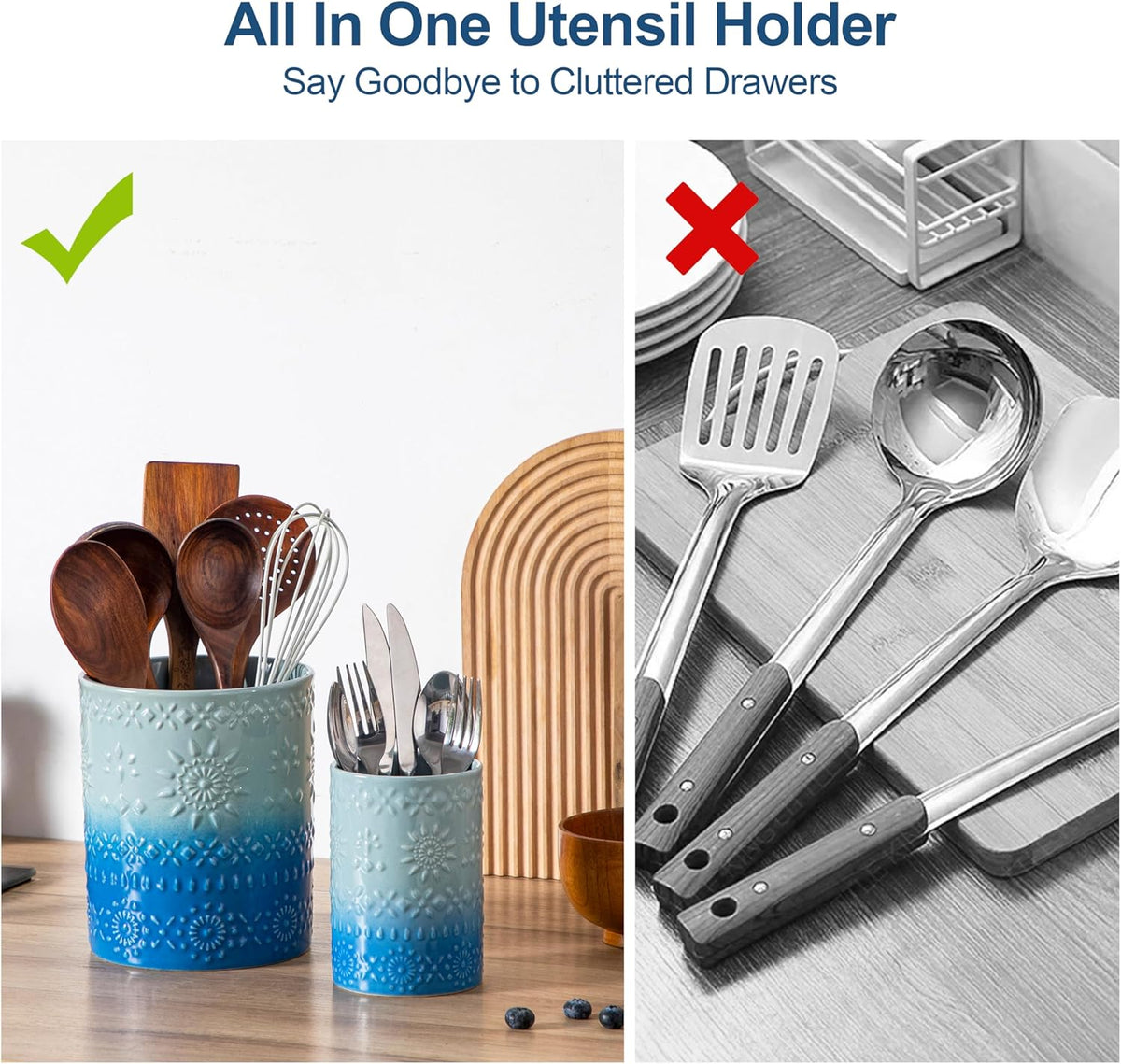 Ceramic Utensil Holder Set of 2, 7.2'' & 5.4'' Kitchen Crocks | Ceramic Utensil Crock, Countertop Storage, Set of 2, Farmhouse Style, Kitchen Decor, Vase-like Design, Housewarming Gift Use