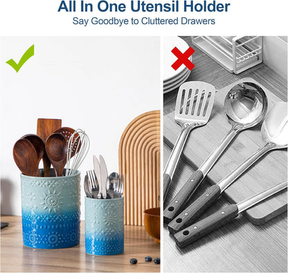 Ceramic Utensil Holder Set of 2, 7.2'' & 5.4'' Kitchen Crocks | Ceramic Utensil Crock, Countertop Storage, Set of 2, Farmhouse Style, Kitchen Decor, Vase-like Design, Housewarming Gift Use