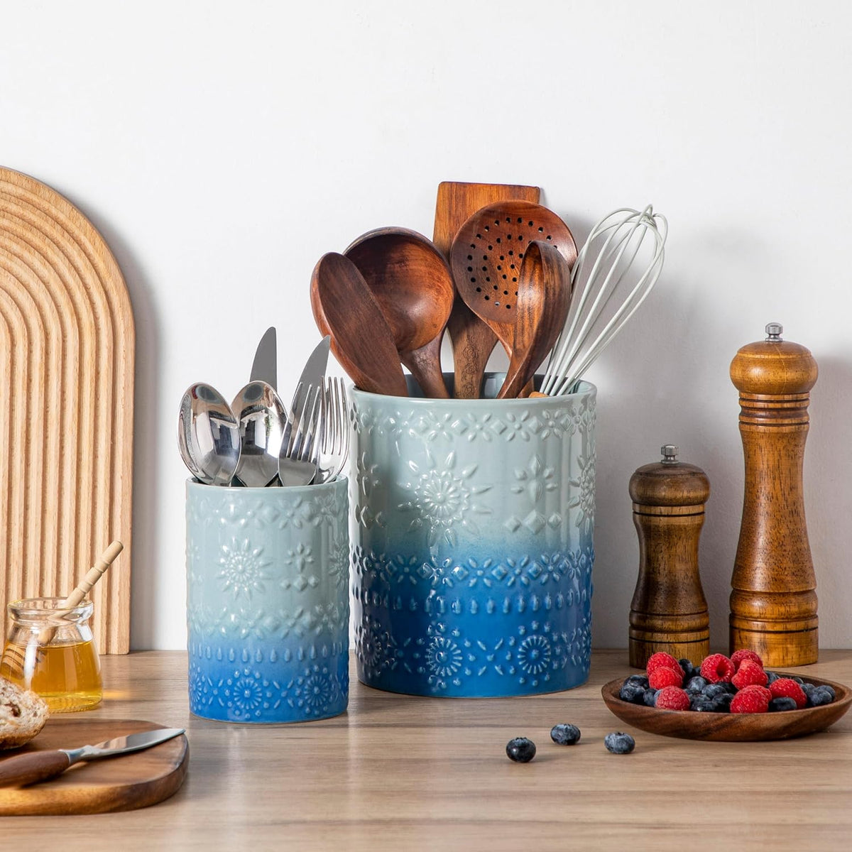 Ceramic Utensil Holder Set of 2, 7.2'' & 5.4'' Kitchen Crocks | Ceramic Utensil Crock, Countertop Storage, Set of 2, Farmhouse Style, Kitchen Decor, Vase-like Design, Housewarming Gift Use