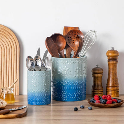 Ceramic Utensil Holder Set of 2, 7.2'' & 5.4'' Kitchen Crocks | Ceramic Utensil Crock, Countertop Storage, Set of 2, Farmhouse Style, Kitchen Decor, Vase-like Design, Housewarming Gift Use