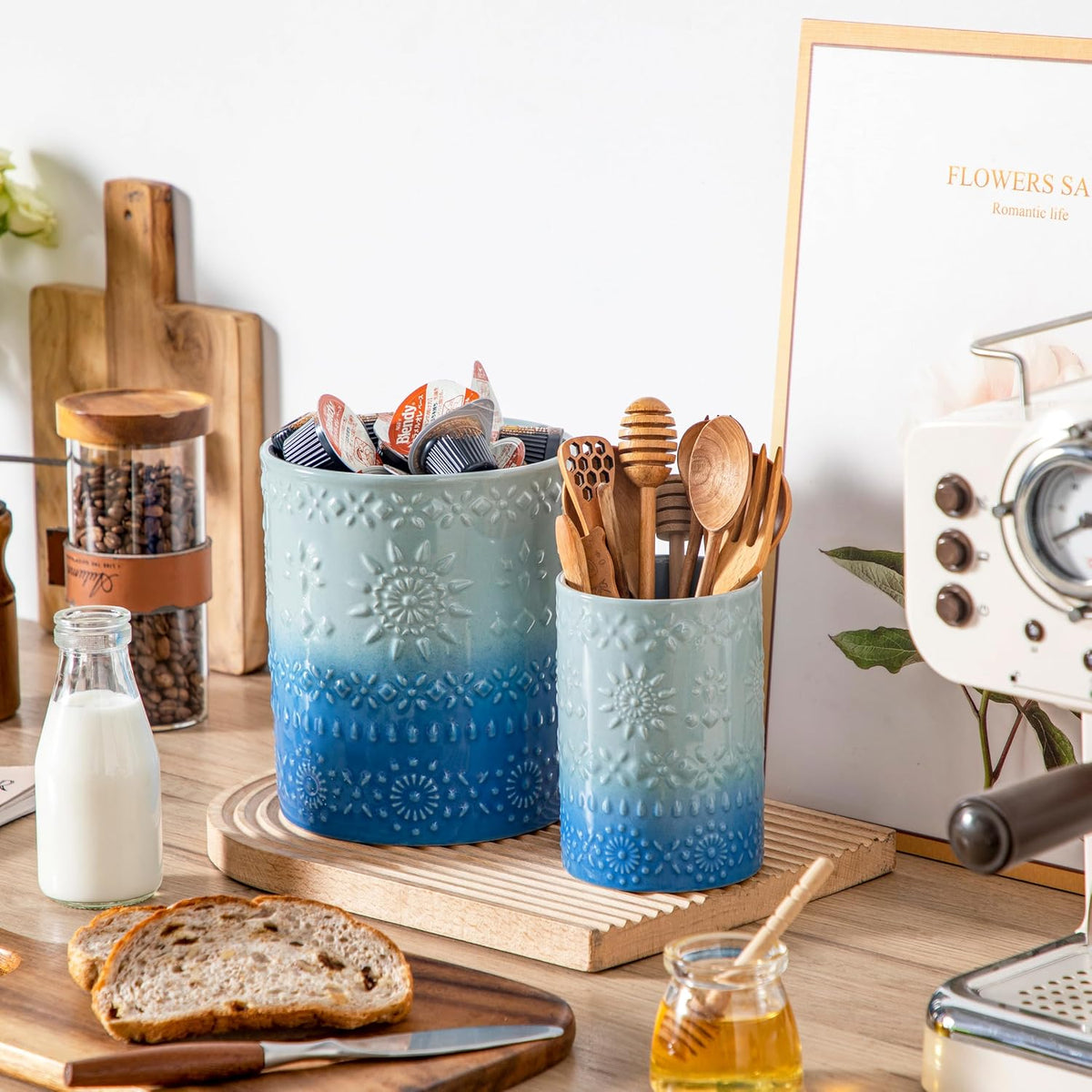 Ceramic Utensil Holder Set of 2, 7.2'' & 5.4'' Kitchen Crocks | Ceramic Utensil Crock, Countertop Storage, Set of 2, Farmhouse Style, Kitchen Decor, Vase-like Design, Housewarming Gift Use