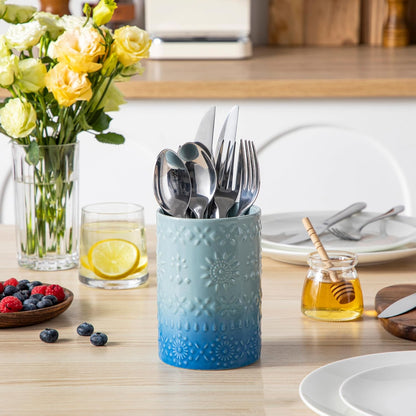 Ceramic Utensil Holder Set of 2, 7.2'' & 5.4'' Kitchen Crocks | Ceramic Utensil Crock, Countertop Storage, Set of 2, Farmhouse Style, Kitchen Decor, Vase-like Design, Housewarming Gift Use