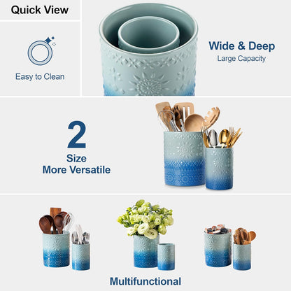 Ceramic Utensil Holder Set of 2, 7.2'' & 5.4'' Kitchen Crocks | Ceramic Utensil Crock, Countertop Storage, Set of 2, Farmhouse Style, Kitchen Decor, Vase-like Design, Housewarming Gift Use
