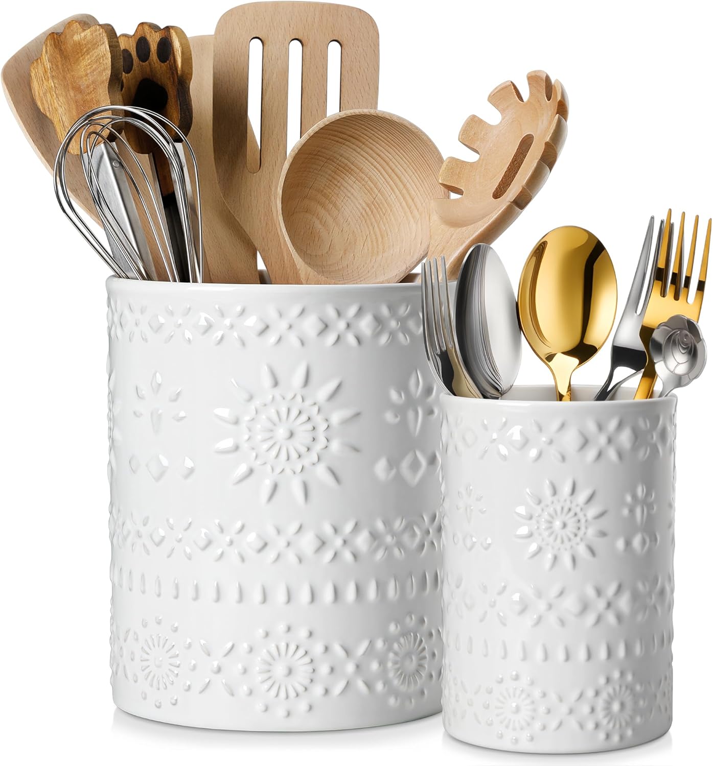 Ceramic Utensil Holder Set of 2, 7.2'' & 5.4'' Kitchen Crocks | Ceramic Utensil Crock, Countertop Storage, Set of 2, Farmhouse Style, Kitchen Decor, Vase-like Design, Housewarming Gift Use