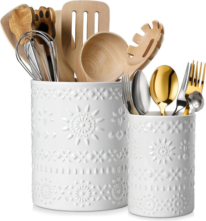 Ceramic Utensil Holder Set of 2, 7.2'' & 5.4'' Kitchen Crocks | Ceramic Utensil Crock, Countertop Storage, Set of 2, Farmhouse Style, Kitchen Decor, Vase-like Design, Housewarming Gift Use