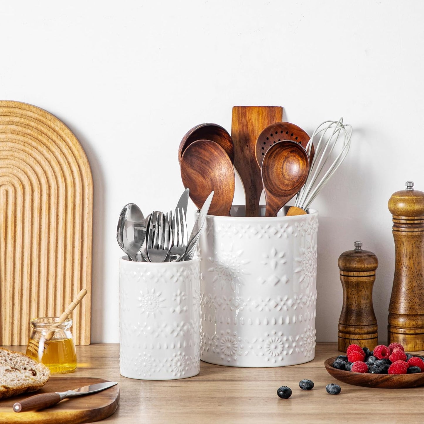 Ceramic Utensil Holder Set of 2, 7.2'' & 5.4'' Kitchen Crocks | Ceramic Utensil Crock, Countertop Storage, Set of 2, Farmhouse Style, Kitchen Decor, Vase-like Design, Housewarming Gift Use