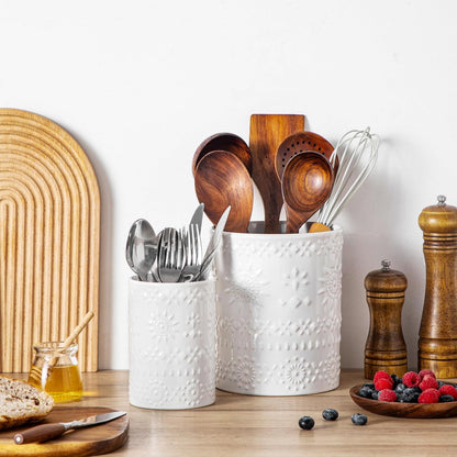 Ceramic Utensil Holder Set of 2, 7.2'' & 5.4'' Kitchen Crocks | Ceramic Utensil Crock, Countertop Storage, Set of 2, Farmhouse Style, Kitchen Decor, Vase-like Design, Housewarming Gift Use