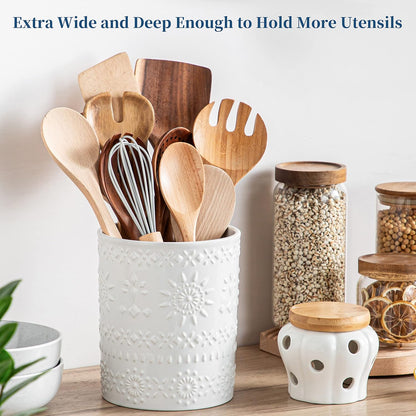 Ceramic Utensil Holder Set of 2, 7.2'' & 5.4'' Kitchen Crocks | Ceramic Utensil Crock, Countertop Storage, Set of 2, Farmhouse Style, Kitchen Decor, Vase-like Design, Housewarming Gift Use
