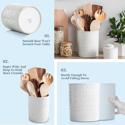Ceramic Utensil Holder Set of 2, 7.2'' & 5.4'' Kitchen Crocks | Ceramic Utensil Crock, Countertop Storage, Set of 2, Farmhouse Style, Kitchen Decor, Vase-like Design, Housewarming Gift Use