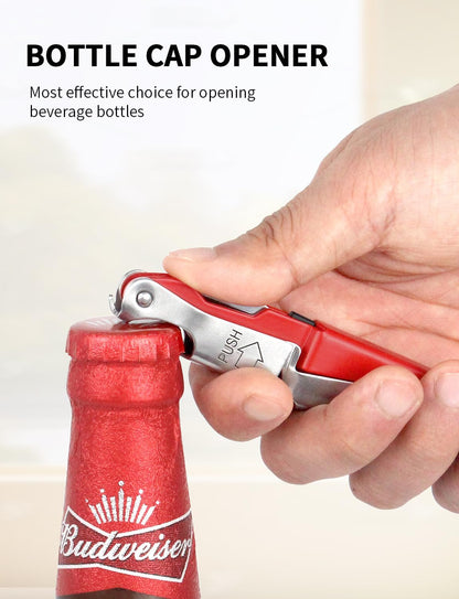 Wine Key - Professional Handcrafted Heavy Duty Waiter Corkscrew, Compact Wine Opener with Double Hinged, Foil Cutter and Bottle Opener, Gifts for Servers, Sommelier, Bartenders - Red