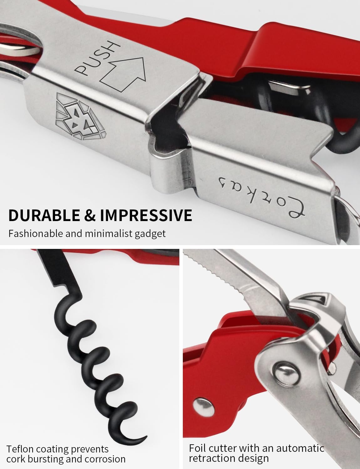 Wine Key - Professional Handcrafted Heavy Duty Waiter Corkscrew, Compact Wine Opener with Double Hinged, Foil Cutter and Bottle Opener, Gifts for Servers, Sommelier, Bartenders - Red