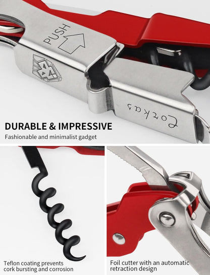Wine Key - Professional Handcrafted Heavy Duty Waiter Corkscrew, Compact Wine Opener with Double Hinged, Foil Cutter and Bottle Opener, Gifts for Servers, Sommelier, Bartenders - Red