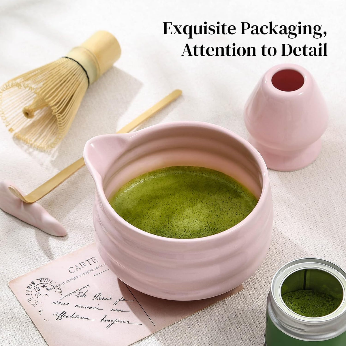Matcha Whisk Set, 7 Pcs Matcha Set Includes Bowl with Spout, Whisk and Holder, Bamboo Scoop and Holder, Sifter and Tea Towel - Matcha Kit Gift for Lovers Beginners (Pink)