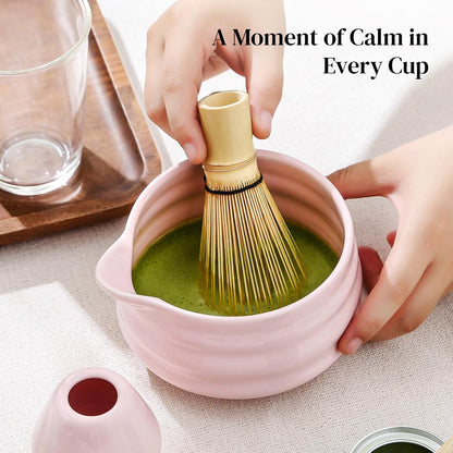 Matcha Whisk Set, 7 Pcs Matcha Set Includes Bowl with Spout, Whisk and Holder, Bamboo Scoop and Holder, Sifter and Tea Towel - Matcha Kit Gift for Lovers Beginners (Pink)