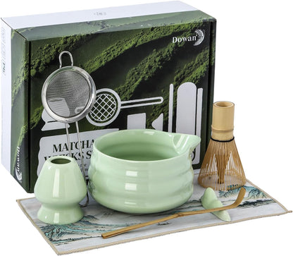 Matcha Whisk Set, 7 Pcs Matcha Set Includes Bowl with Spout, Whisk and Holder, Bamboo Scoop and Holder, Sifter and Tea Towel - Matcha Kit Gift for Lovers Beginners (Pink)