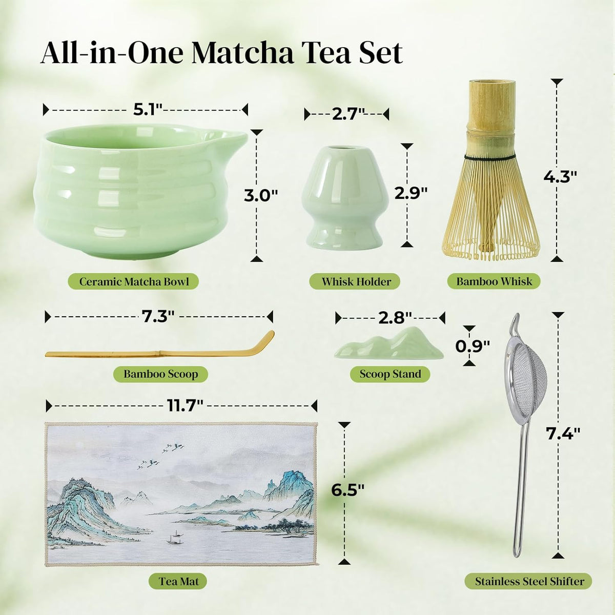 Matcha Whisk Set, 7 Pcs Matcha Set Includes Bowl with Spout, Whisk and Holder, Bamboo Scoop and Holder, Sifter and Tea Towel - Matcha Kit Gift for Lovers Beginners (Pink)