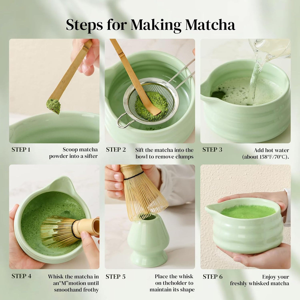 Matcha Whisk Set, 7 Pcs Matcha Set Includes Bowl with Spout, Whisk and Holder, Bamboo Scoop and Holder, Sifter and Tea Towel - Matcha Kit Gift for Lovers Beginners (Pink)