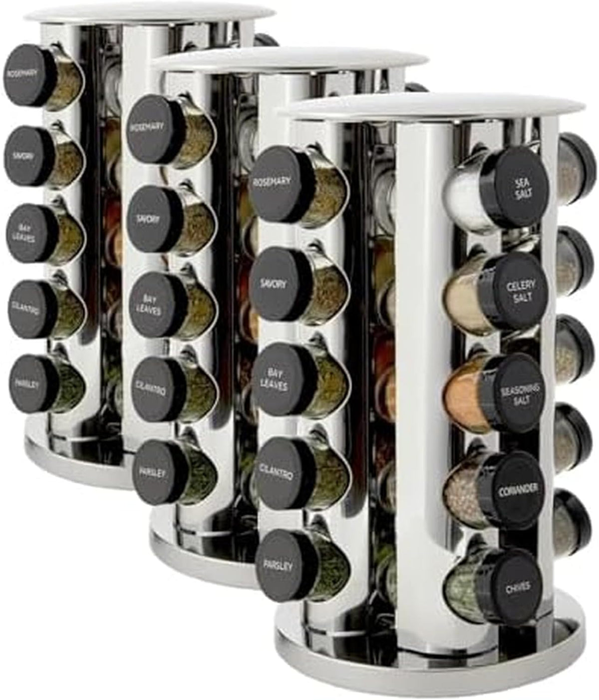 20 Jar Revolving Countertop Spice Rack with Spices Included, FREE Spice Refills for 5 Years, Polished Stainless Steel with Black Caps, 30020