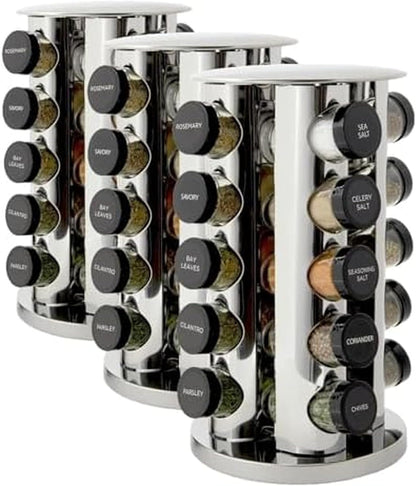 20 Jar Revolving Countertop Spice Rack with Spices Included, FREE Spice Refills for 5 Years, Polished Stainless Steel with Black Caps, 30020