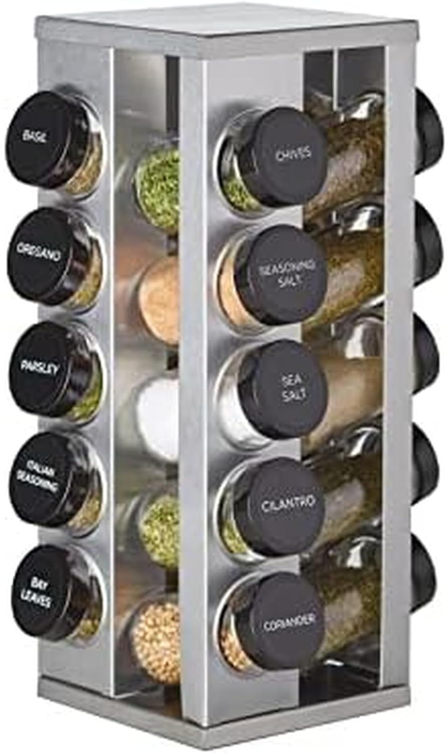 20 Jar Revolving Countertop Spice Rack with Spices Included, FREE Spice Refills for 5 Years, Polished Stainless Steel with Black Caps, 30020