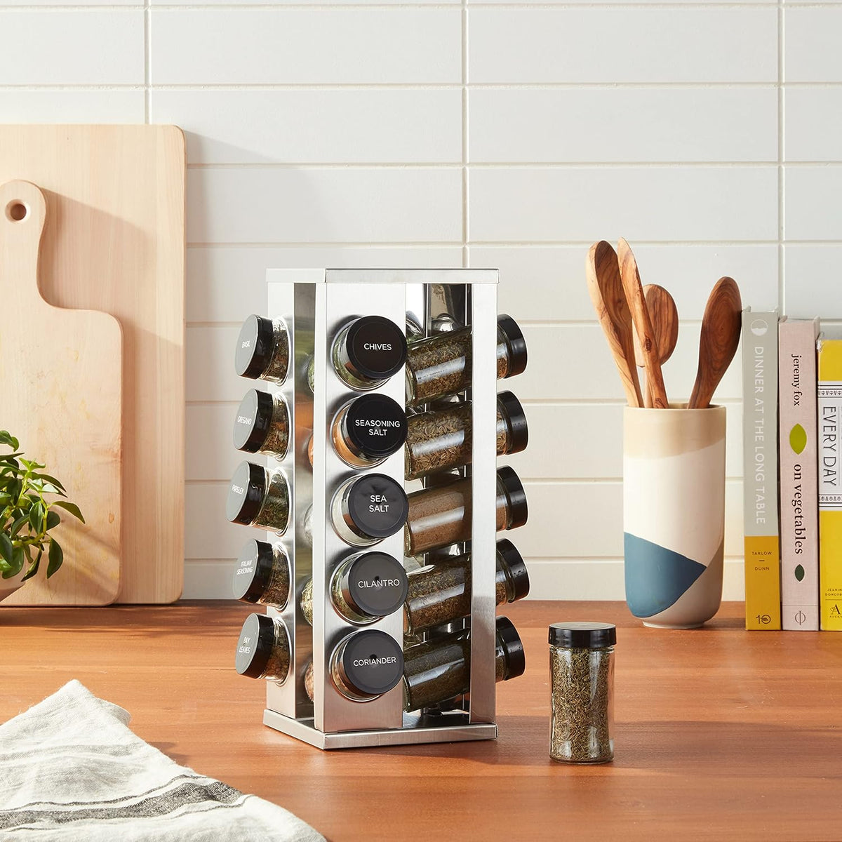 20 Jar Revolving Countertop Spice Rack with Spices Included, FREE Spice Refills for 5 Years, Polished Stainless Steel with Black Caps, 30020
